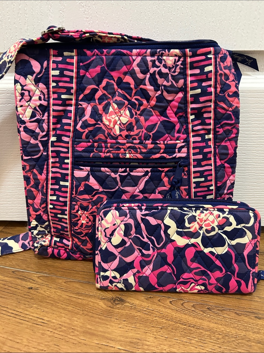 Vera Bradley Quilted Floral Crossbody Bag and Wallet - Navy Pink Pattern